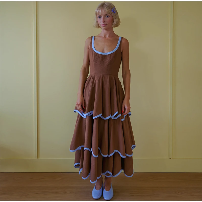 Fashion Contrast Ruffle Maxi Dress Women Sexy U Neck Sleeveless High Waist Loose Long Dresses 2026 Spring Summer Lady Boho Robe