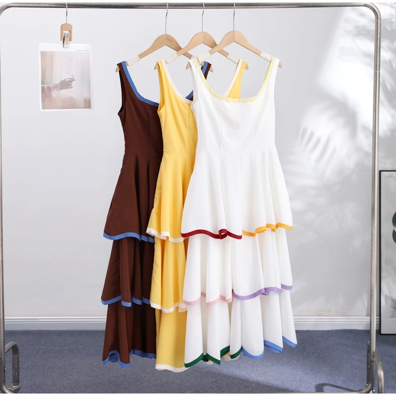 Fashion Contrast Ruffle Maxi Dress Women Sexy U Neck Sleeveless High Waist Loose Long Dresses 2026 Spring Summer Lady Boho Robe