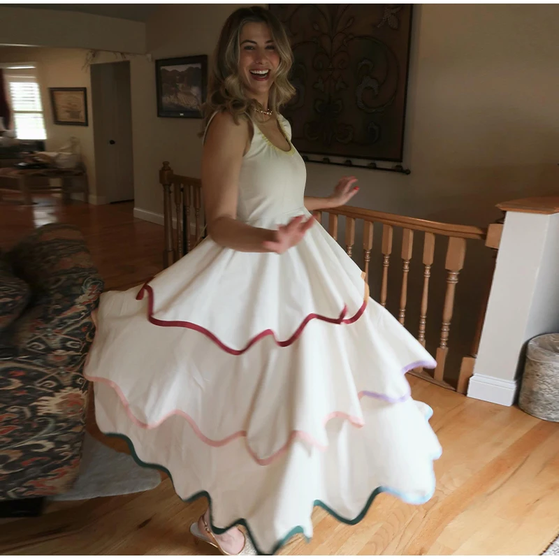 Fashion Contrast Ruffle Maxi Dress Women Sexy U Neck Sleeveless High Waist Loose Long Dresses 2026 Spring Summer Lady Boho Robe