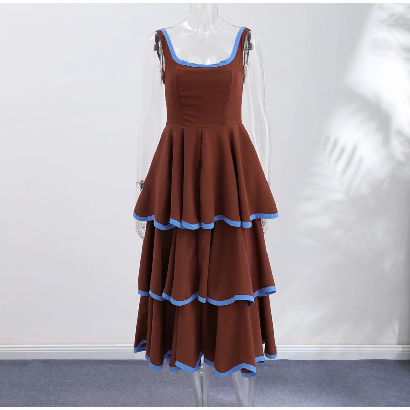 Fashion Contrast Ruffle Maxi Dress Women Sexy U Neck Sleeveless High Waist Loose Long Dresses 2026 Spring Summer Lady Boho Robe