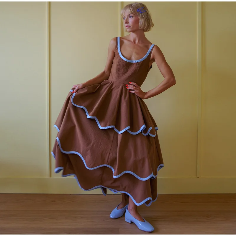 Fashion Contrast Ruffle Maxi Dress Women Sexy U Neck Sleeveless High Waist Loose Long Dresses 2026 Spring Summer Lady Boho Robe