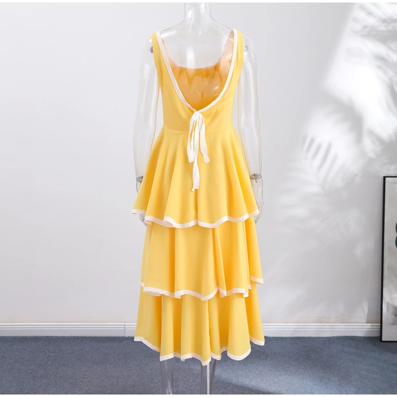 Fashion Contrast Ruffle Maxi Dress Women Sexy U Neck Sleeveless High Waist Loose Long Dresses 2026 Spring Summer Lady Boho Robe