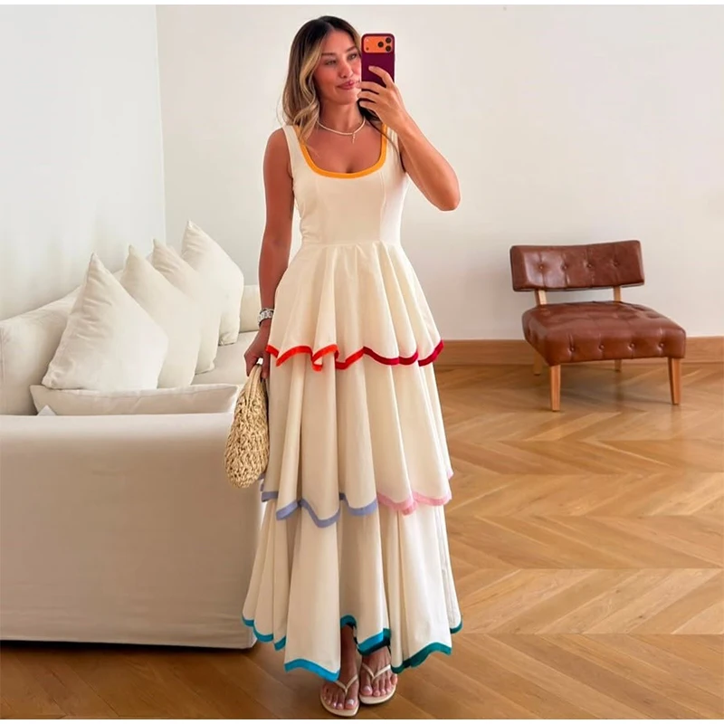 Fashion Contrast Ruffle Maxi Dress Women Sexy U Neck Sleeveless High Waist Loose Long Dresses 2026 Spring Summer Lady Boho Robe