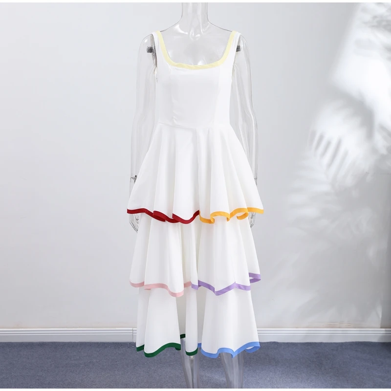 Fashion Contrast Ruffle Maxi Dress Women Sexy U Neck Sleeveless High Waist Loose Long Dresses 2026 Spring Summer Lady Boho Robe