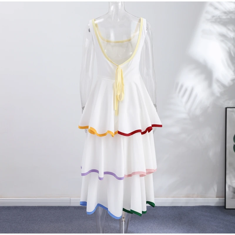 Fashion Contrast Ruffle Maxi Dress Women Sexy U Neck Sleeveless High Waist Loose Long Dresses 2026 Spring Summer Lady Boho Robe