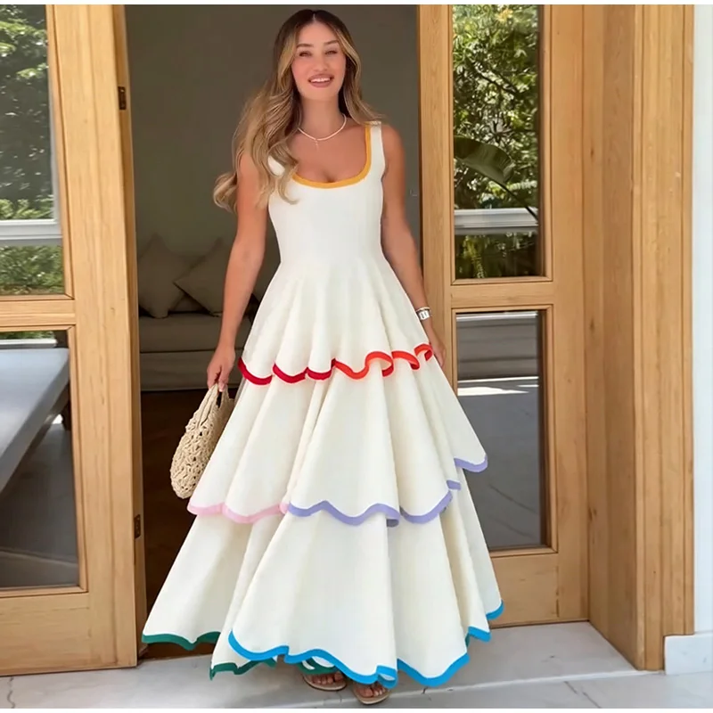 Fashion Contrast Ruffle Maxi Dress Women Sexy U Neck Sleeveless High Waist Loose Long Dresses 2026 Spring Summer Lady Boho Robe