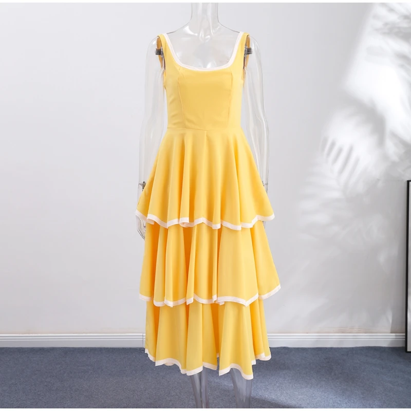 Fashion Contrast Ruffle Maxi Dress Women Sexy U Neck Sleeveless High Waist Loose Long Dresses 2026 Spring Summer Lady Boho Robe