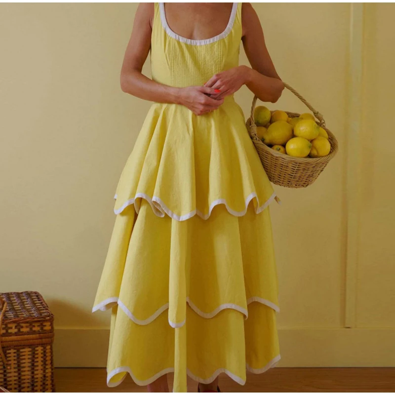 Fashion Contrast Ruffle Maxi Dress Women Sexy U Neck Sleeveless High Waist Loose Long Dresses 2026 Spring Summer Lady Boho Robe
