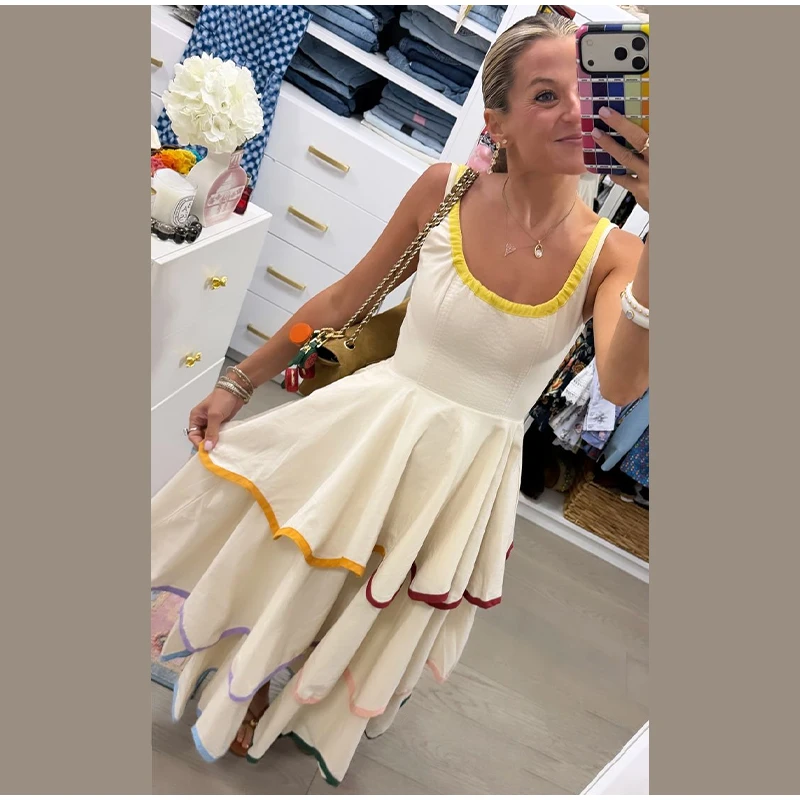 Fashion Contrast Ruffle Maxi Dress Women Sexy U Neck Sleeveless High Waist Loose Long Dresses 2026 Spring Summer Lady Boho Robe