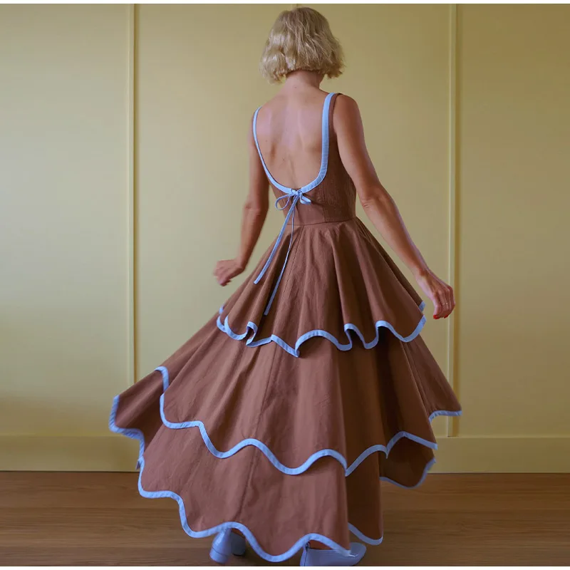Fashion Contrast Ruffle Maxi Dress Women Sexy U Neck Sleeveless High Waist Loose Long Dresses 2026 Spring Summer Lady Boho Robe