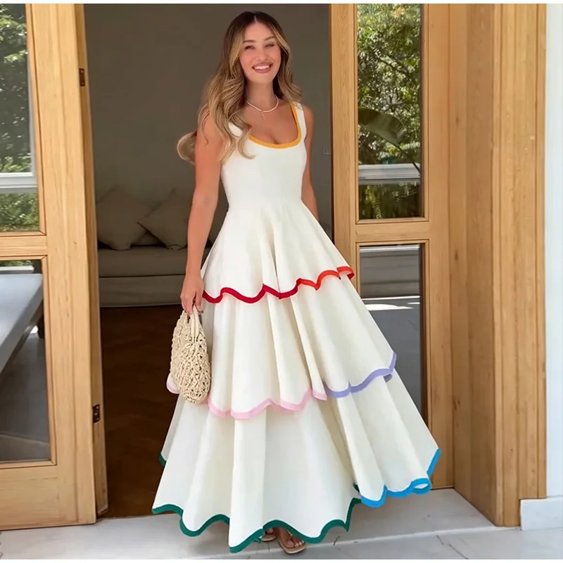 Fashion Contrast Ruffle Maxi Dress Women Sexy U Neck Sleeveless High Waist Loose Long Dresses 2026 Spring Summer Lady Boho Robe