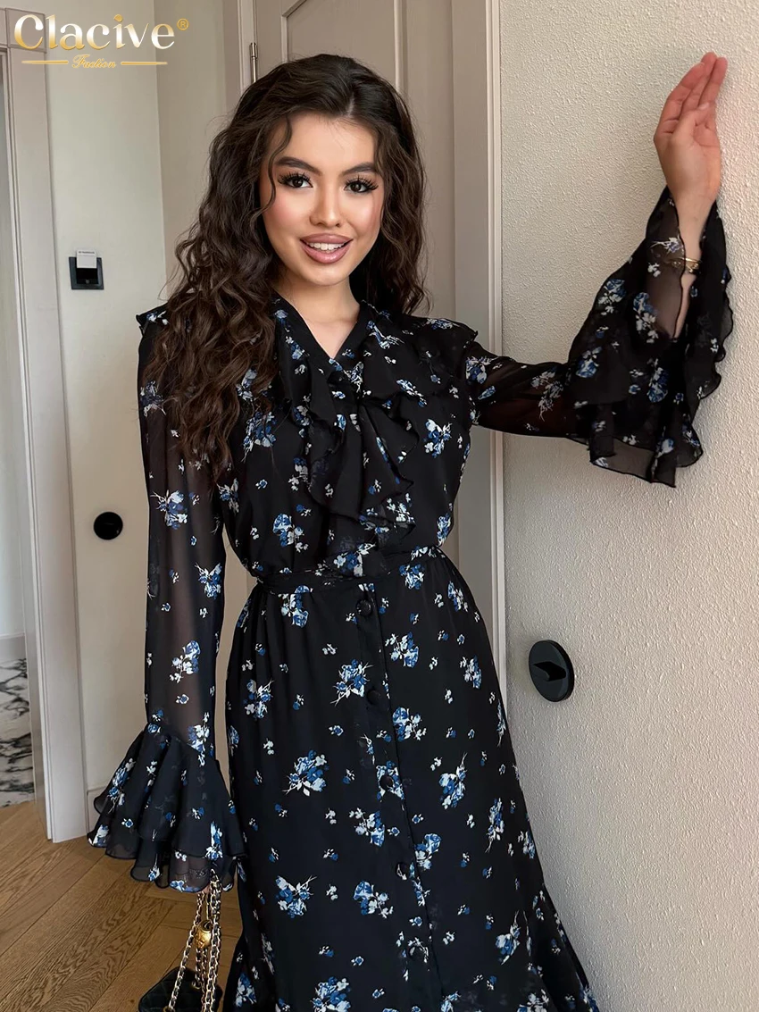 Clacive Fashion Loose Print Women's Dress 2025 Vintage V-Neck Long Sleeve Maxi Dresses Elegant High Waist Pleated Female Dress