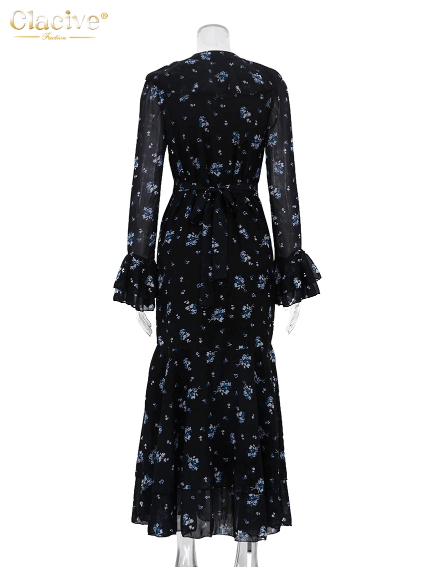 Clacive Fashion Loose Print Women's Dress 2025 Vintage V-Neck Long Sleeve Maxi Dresses Elegant High Waist Pleated Female Dress