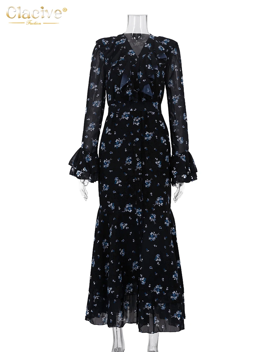 Clacive Fashion Loose Print Women's Dress 2025 Vintage V-Neck Long Sleeve Maxi Dresses Elegant High Waist Pleated Female Dress