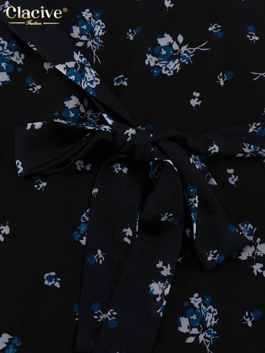Clacive Fashion Loose Print Women's Dress 2025 Vintage V-Neck Long Sleeve Maxi Dresses Elegant High Waist Pleated Female Dress
