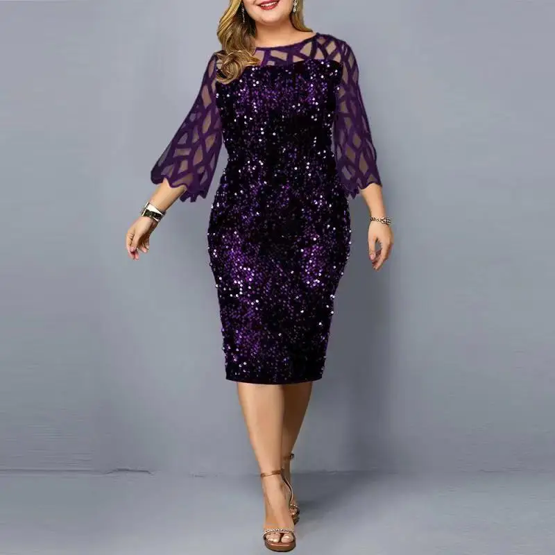 2022 Women Shiny Party Dresses M-5XL Size Evening Clothing O Neck Lace Short Sleeve Sheath Vintage Sequin Wedding Dress Ladies
