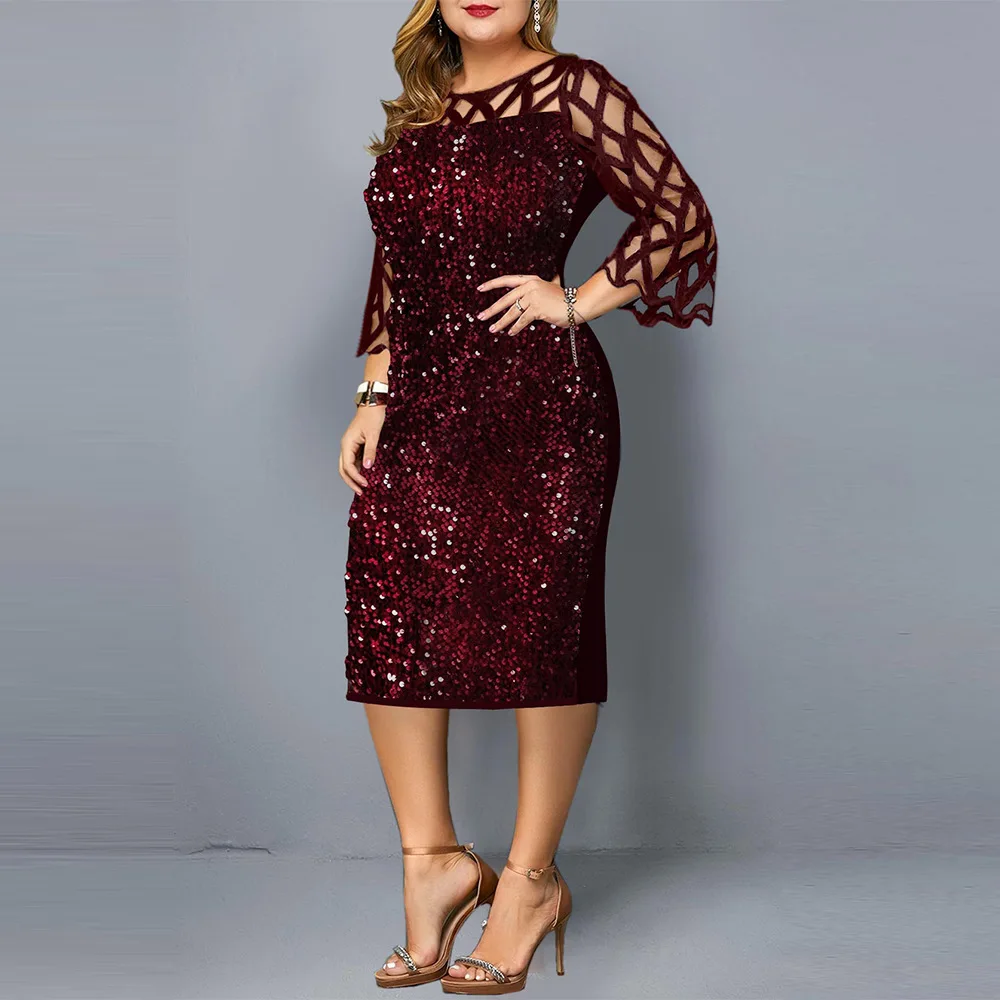 2022 Women Shiny Party Dresses M-5XL Size Evening Clothing O Neck Lace Short Sleeve Sheath Vintage Sequin Wedding Dress Ladies
