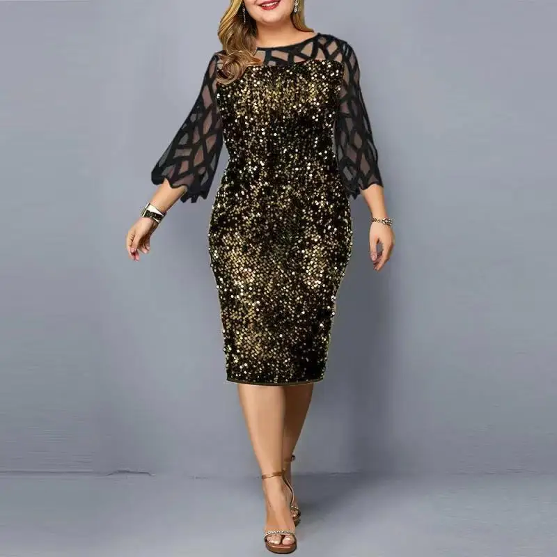 2022 Women Shiny Party Dresses M-5XL Size Evening Clothing O Neck Lace Short Sleeve Sheath Vintage Sequin Wedding Dress Ladies