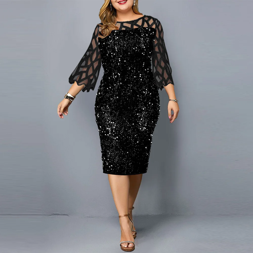 2022 Women Shiny Party Dresses M-5XL Size Evening Clothing O Neck Lace Short Sleeve Sheath Vintage Sequin Wedding Dress Ladies