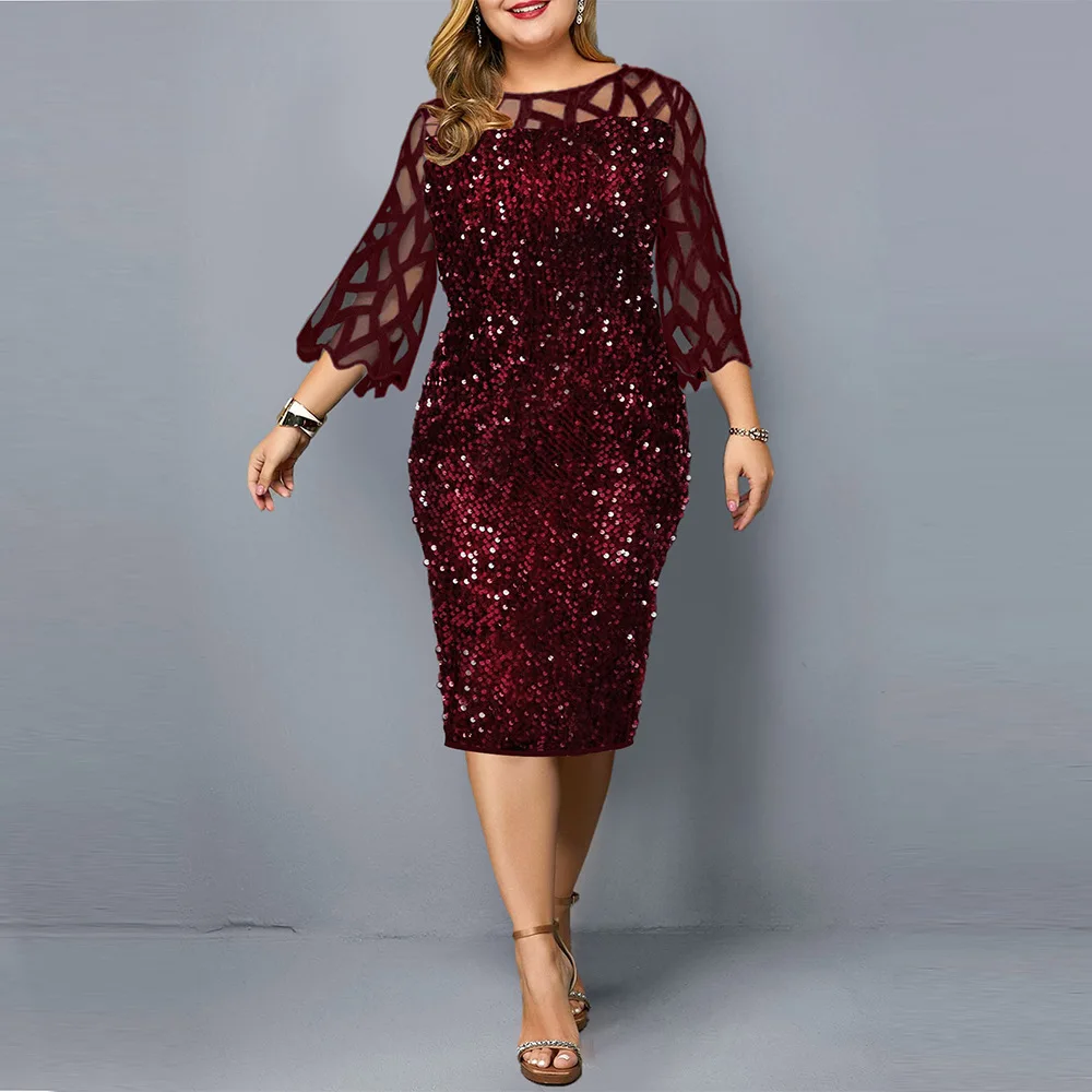 2022 Women Shiny Party Dresses M-5XL Size Evening Clothing O Neck Lace Short Sleeve Sheath Vintage Sequin Wedding Dress Ladies