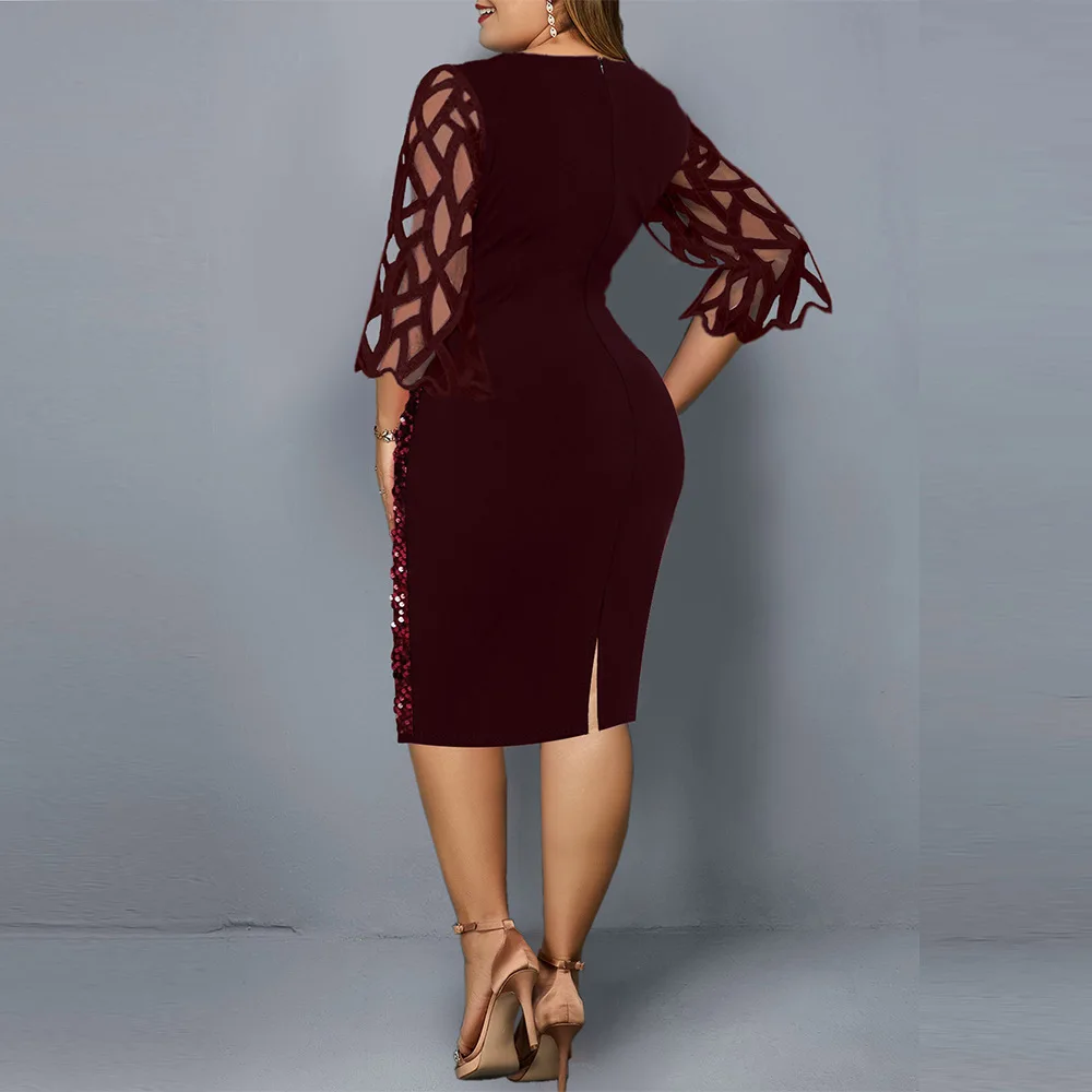 2022 Women Shiny Party Dresses M-5XL Size Evening Clothing O Neck Lace Short Sleeve Sheath Vintage Sequin Wedding Dress Ladies
