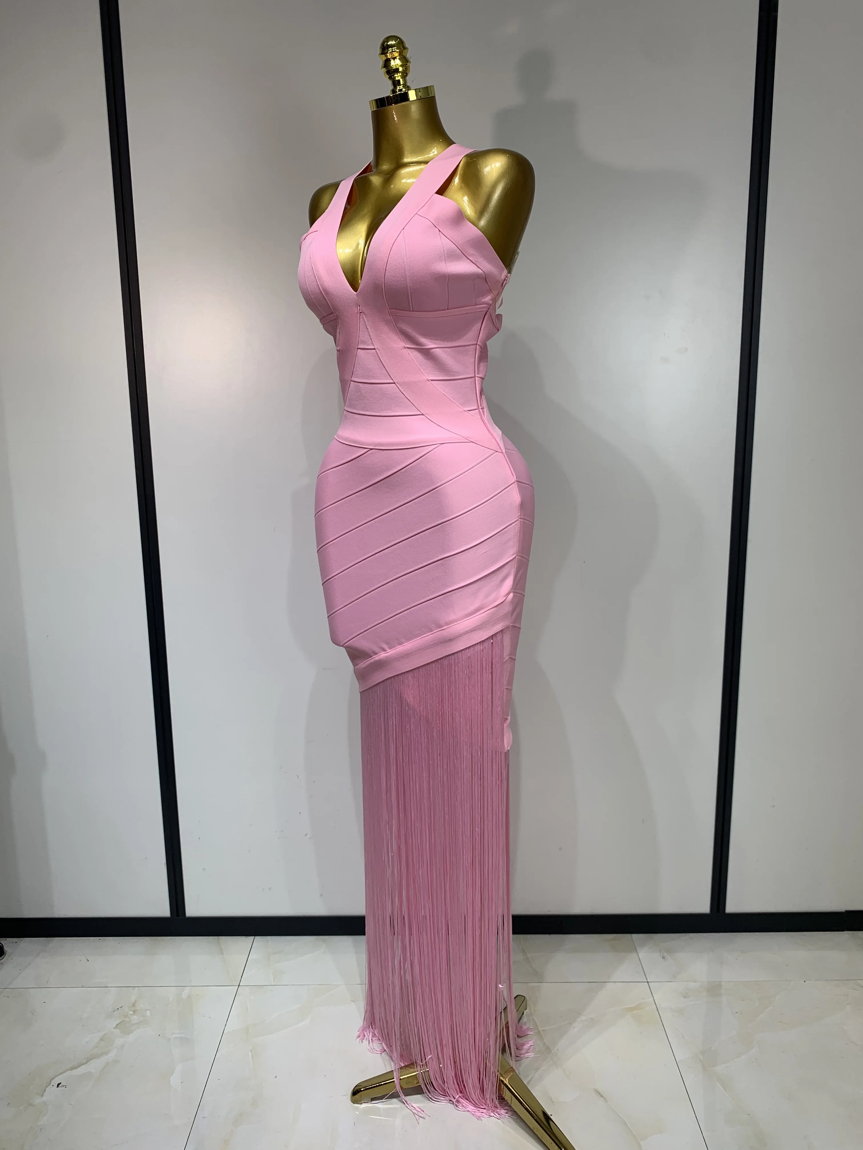 Women Sleeveless Sexy V-neck Tassel Bodycon Bandage Dress Celebrity Elegant Evening Party High Quality Club Birthday Dress
