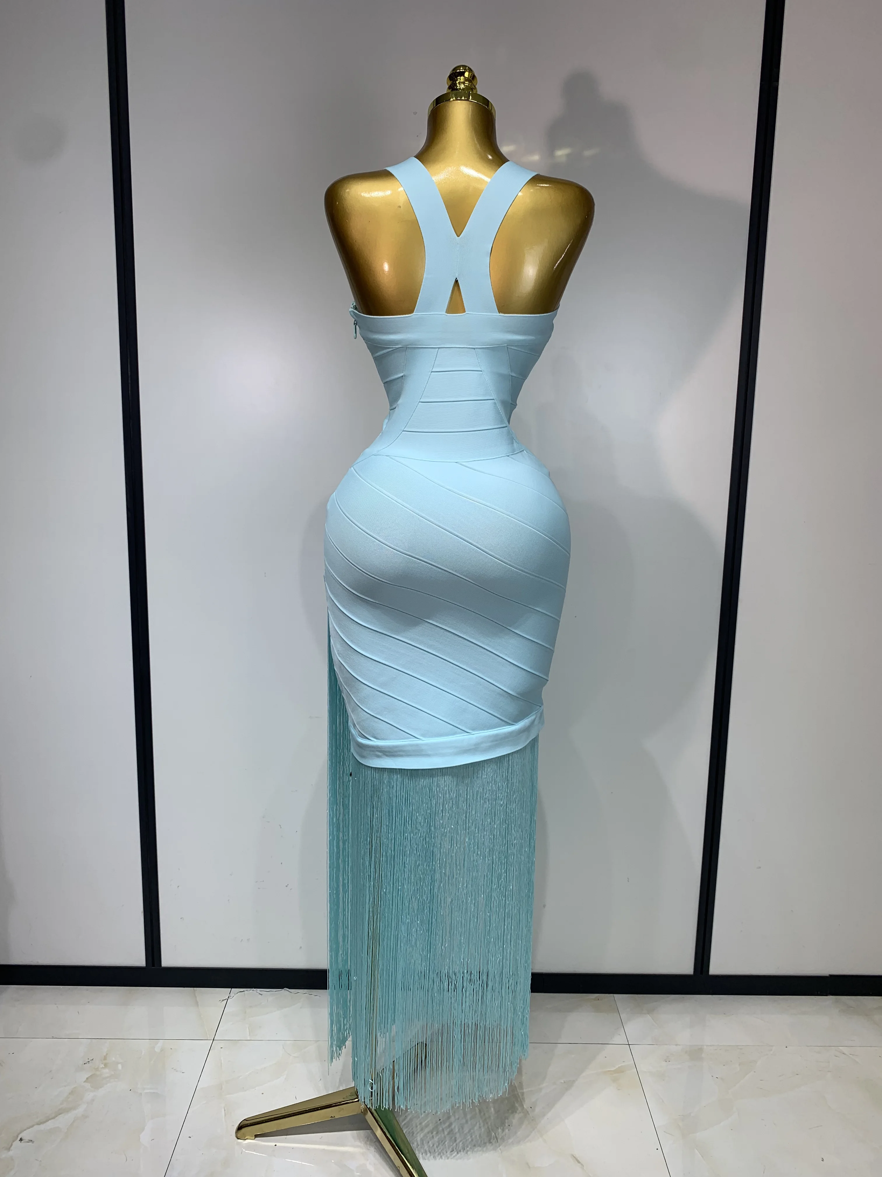 Women Sleeveless Sexy V-neck Tassel Bodycon Bandage Dress Celebrity Elegant Evening Party High Quality Club Birthday Dress
