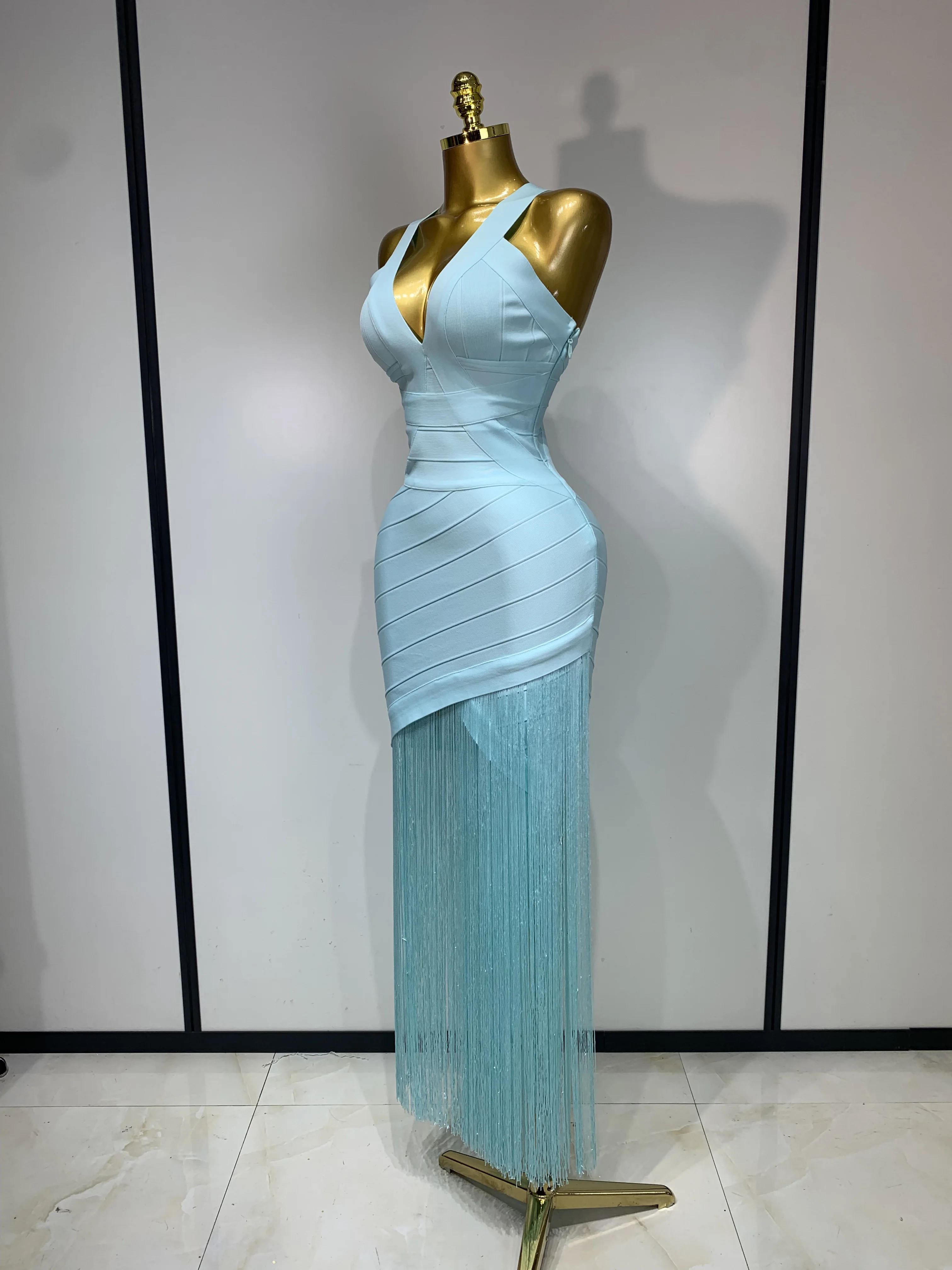 Women Sleeveless Sexy V-neck Tassel Bodycon Bandage Dress Celebrity Elegant Evening Party High Quality Club Birthday Dress
