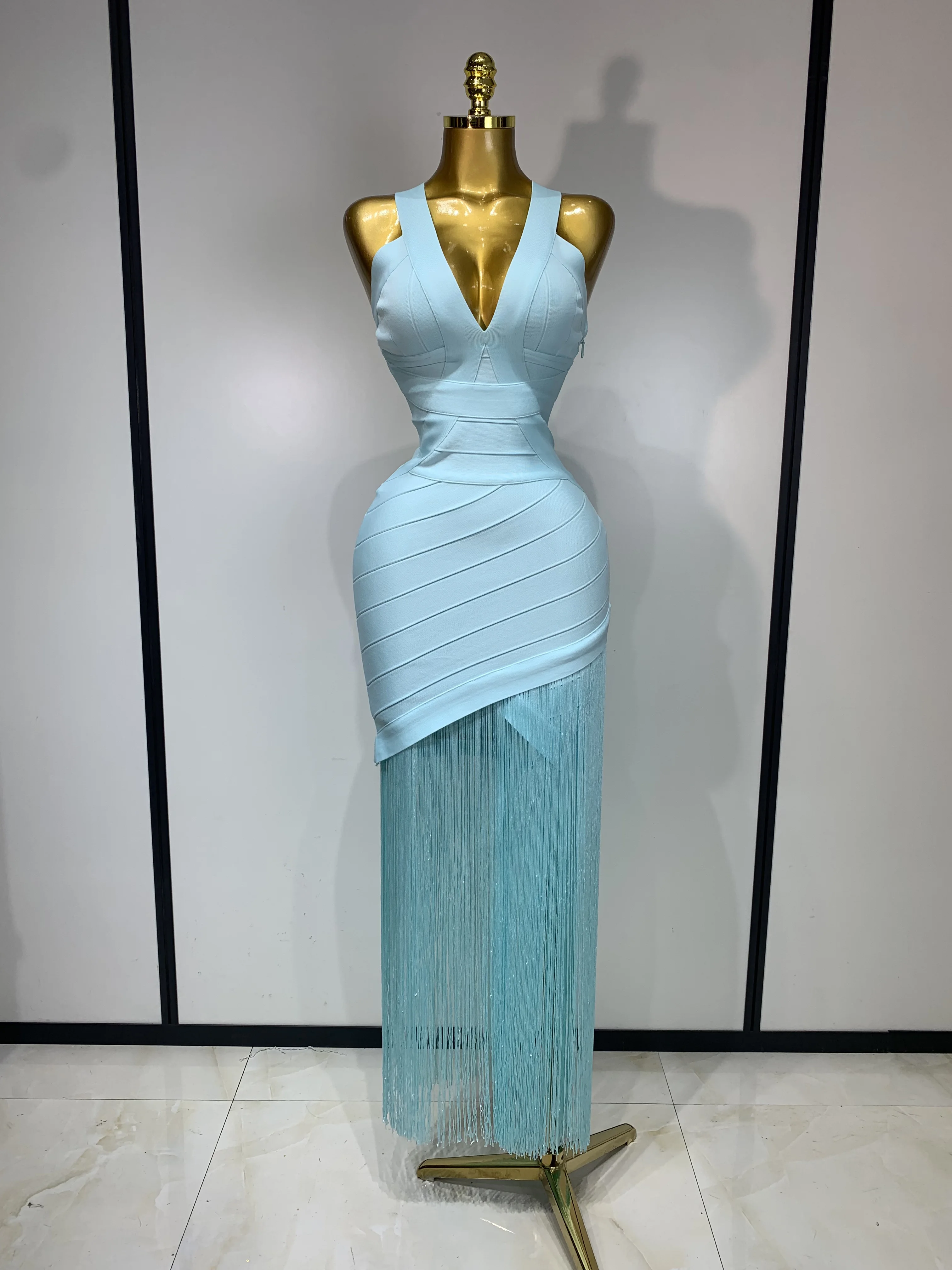 Women Sleeveless Sexy V-neck Tassel Bodycon Bandage Dress Celebrity Elegant Evening Party High Quality Club Birthday Dress