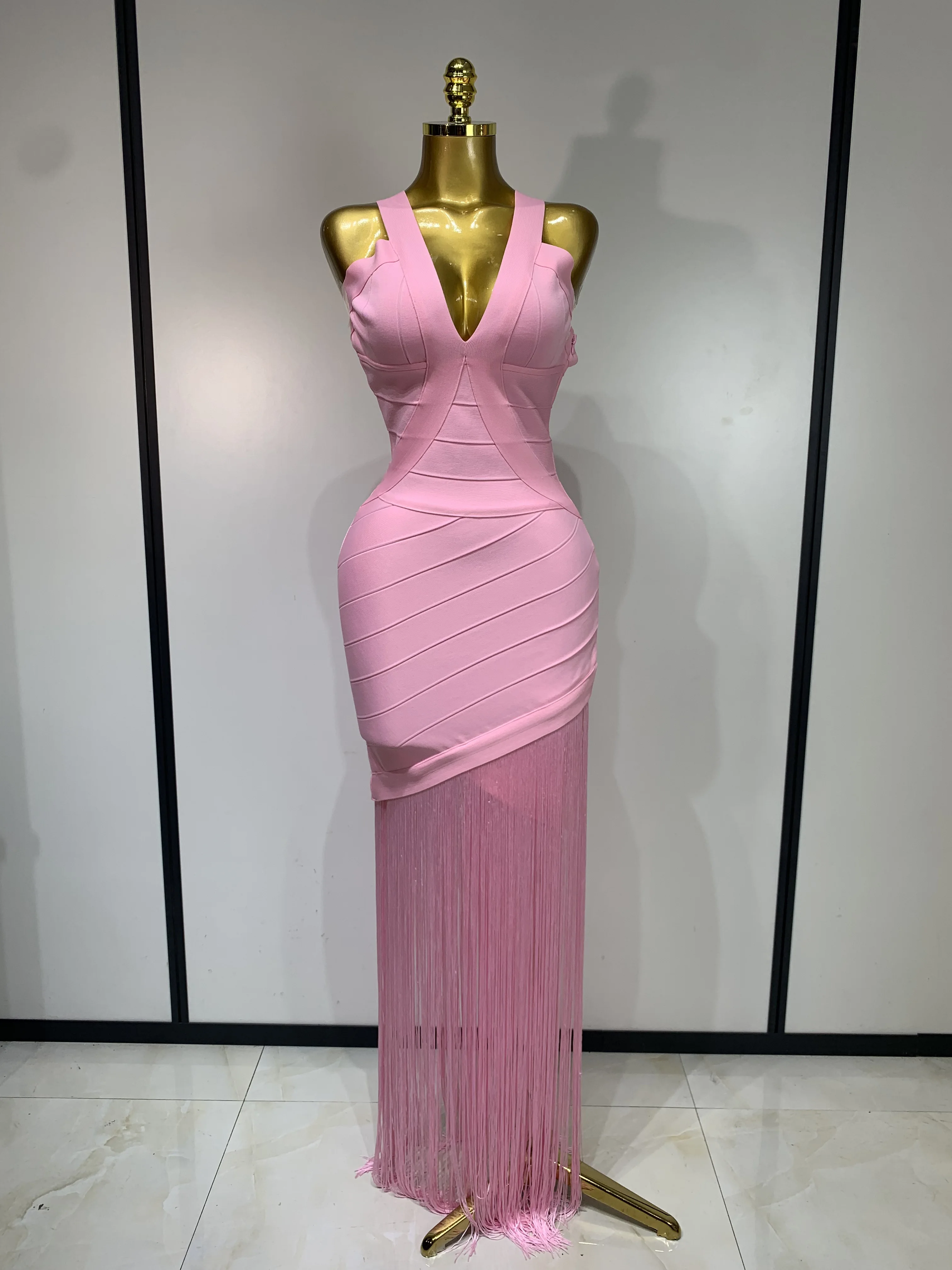 Women Sleeveless Sexy V-neck Tassel Bodycon Bandage Dress Celebrity Elegant Evening Party High Quality Club Birthday Dress