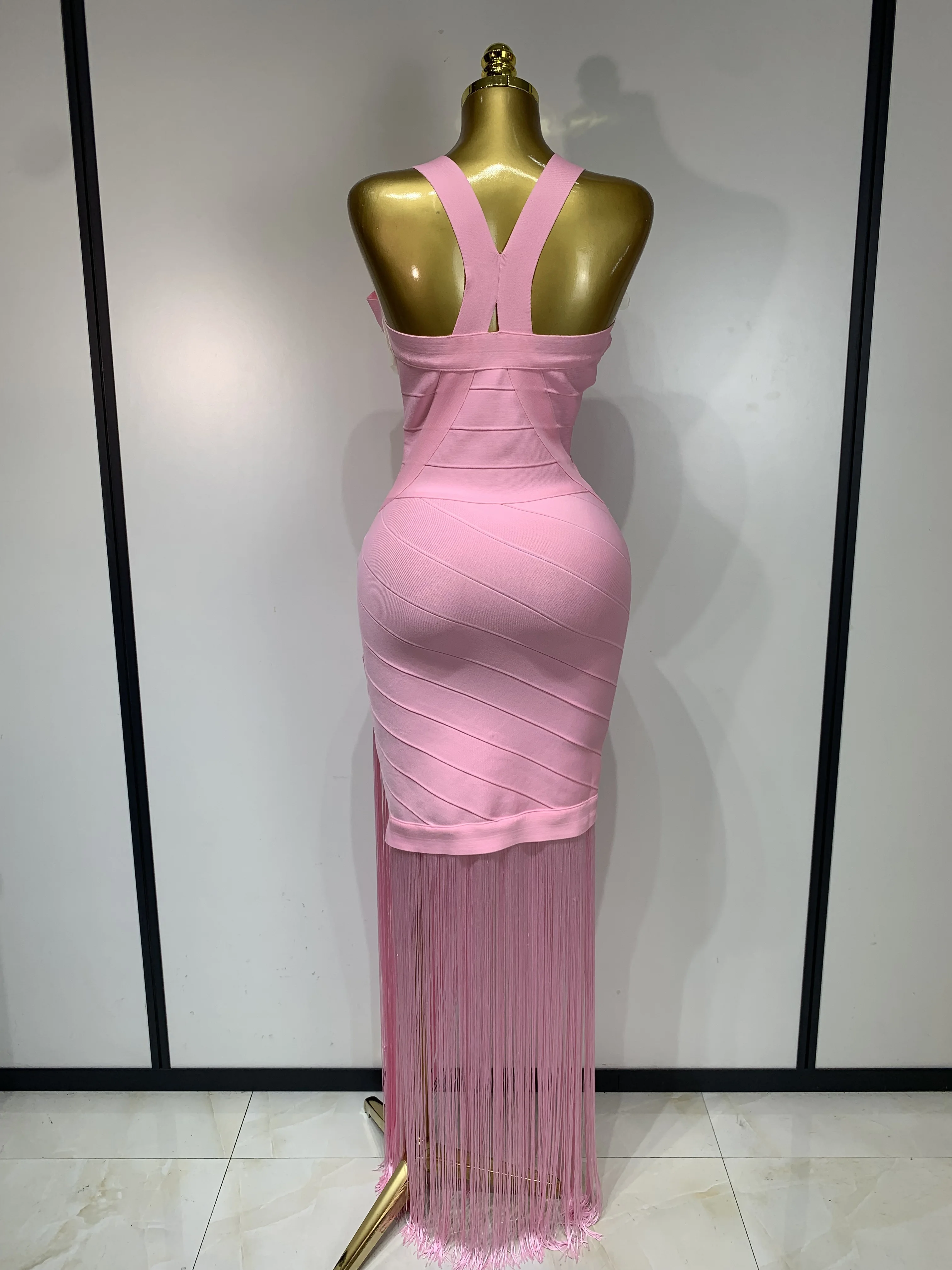 Women Sleeveless Sexy V-neck Tassel Bodycon Bandage Dress Celebrity Elegant Evening Party High Quality Club Birthday Dress