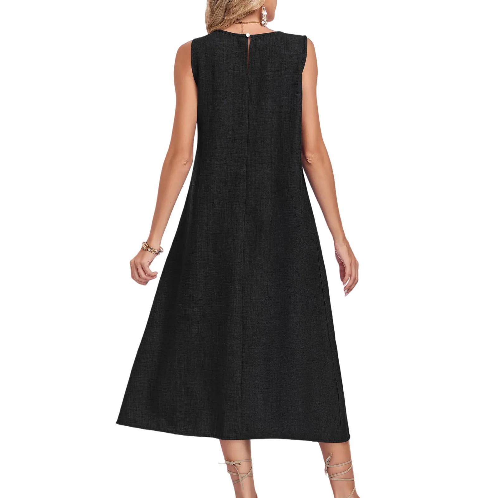 Summer Cotton Linen Sleeveless Maxi Dress For Women O Neck Loose Vest Dress With Pocket Casual Loose Dresses Robe Femme 2026 New