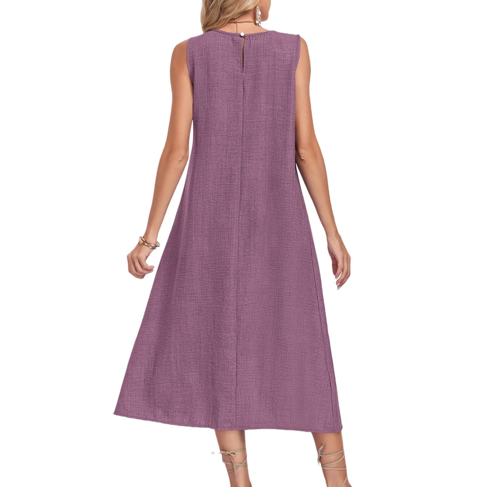 Summer Cotton Linen Sleeveless Maxi Dress For Women O Neck Loose Vest Dress With Pocket Casual Loose Dresses Robe Femme 2026 New