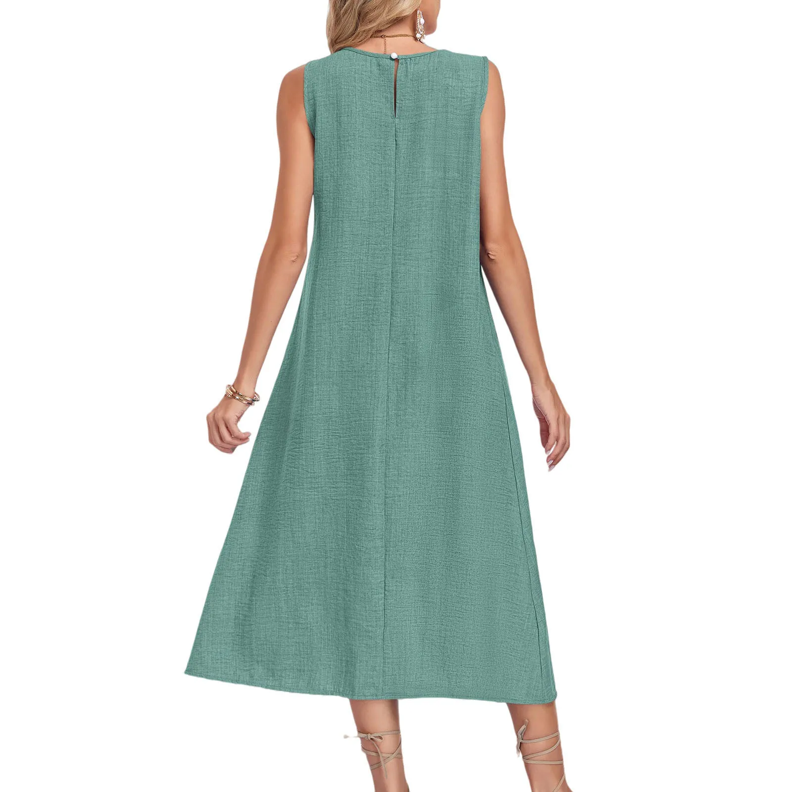Summer Cotton Linen Sleeveless Maxi Dress For Women O Neck Loose Vest Dress With Pocket Casual Loose Dresses Robe Femme 2026 New