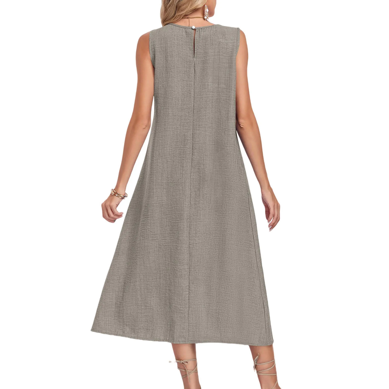 Summer Cotton Linen Sleeveless Maxi Dress For Women O Neck Loose Vest Dress With Pocket Casual Loose Dresses Robe Femme 2026 New