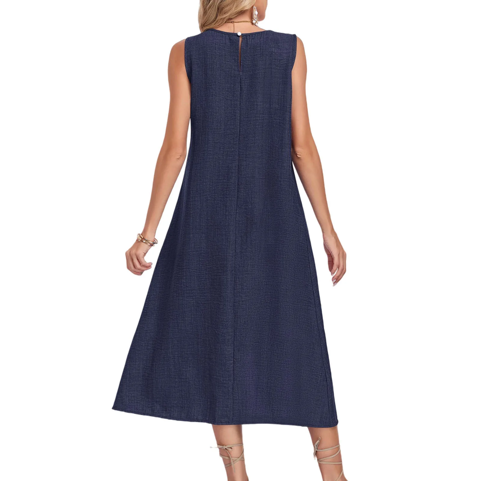 Summer Cotton Linen Sleeveless Maxi Dress For Women O Neck Loose Vest Dress With Pocket Casual Loose Dresses Robe Femme 2026 New