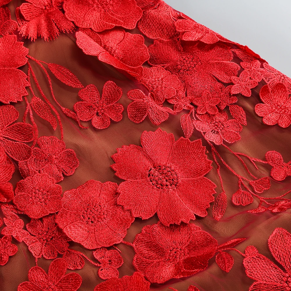 New Red Embroidered Flower Strapless Dress, Women's Slim and Sexy Party Dress, Long Skirt