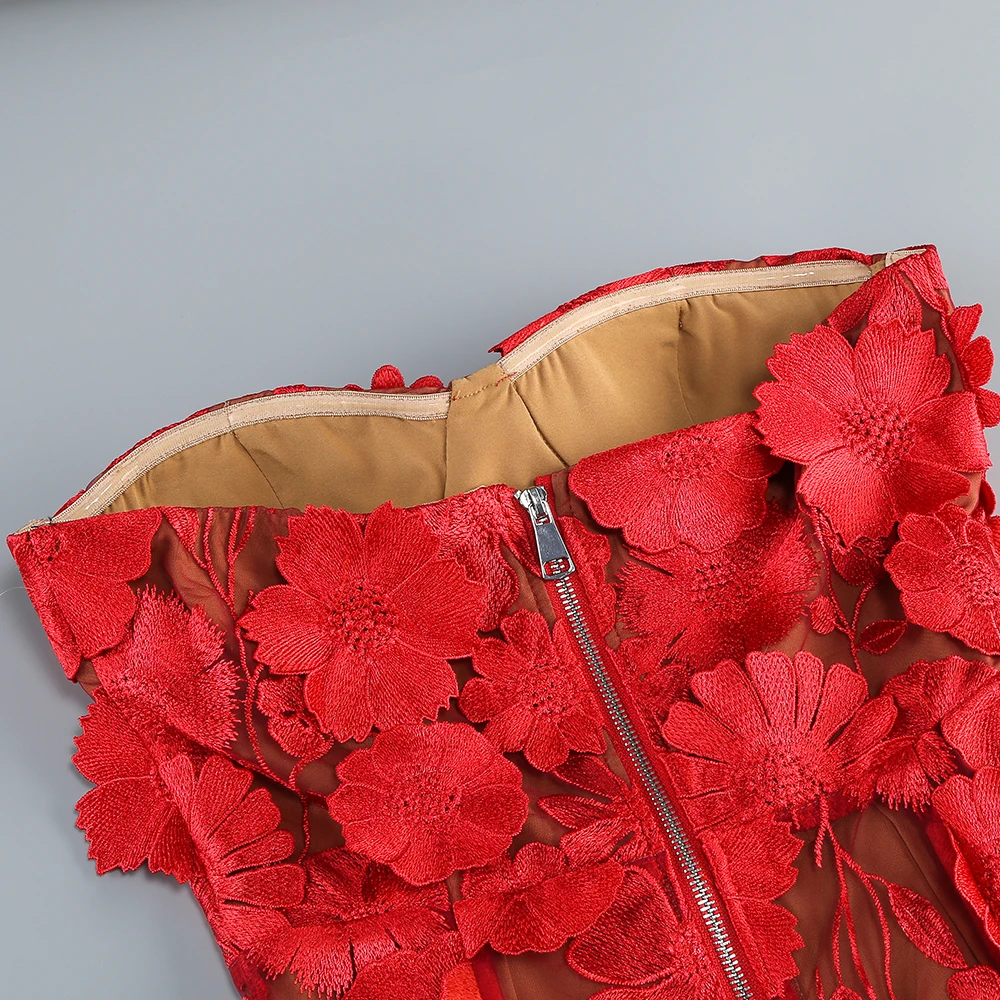 New Red Embroidered Flower Strapless Dress, Women's Slim and Sexy Party Dress, Long Skirt