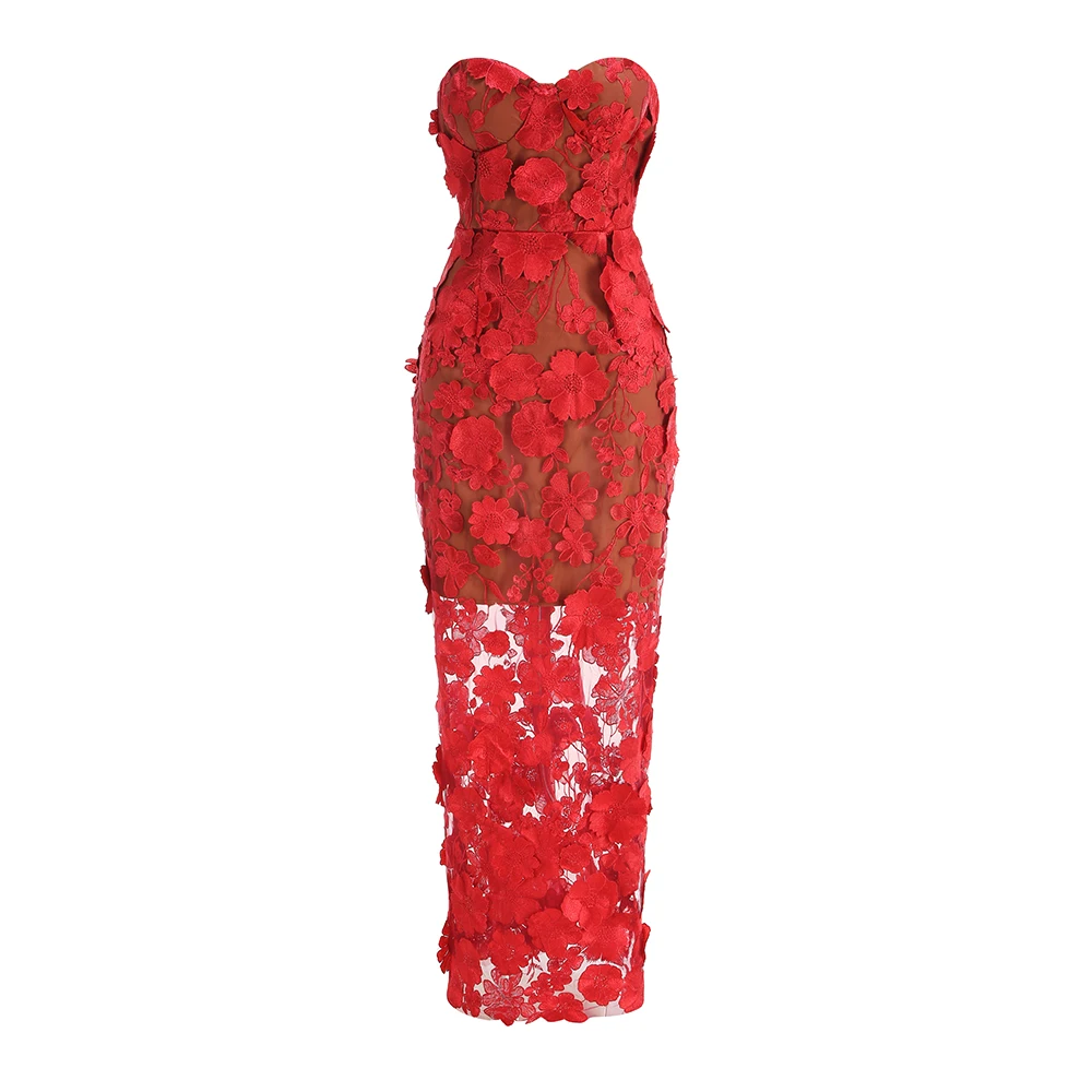 New Red Embroidered Flower Strapless Dress, Women's Slim and Sexy Party Dress, Long Skirt
