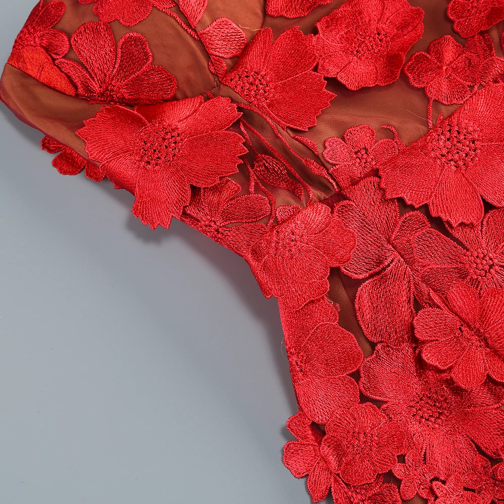 New Red Embroidered Flower Strapless Dress, Women's Slim and Sexy Party Dress, Long Skirt