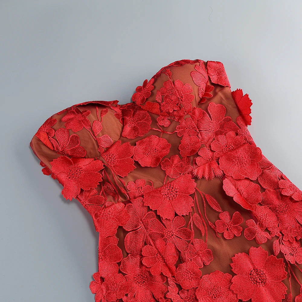 New Red Embroidered Flower Strapless Dress, Women's Slim and Sexy Party Dress, Long Skirt