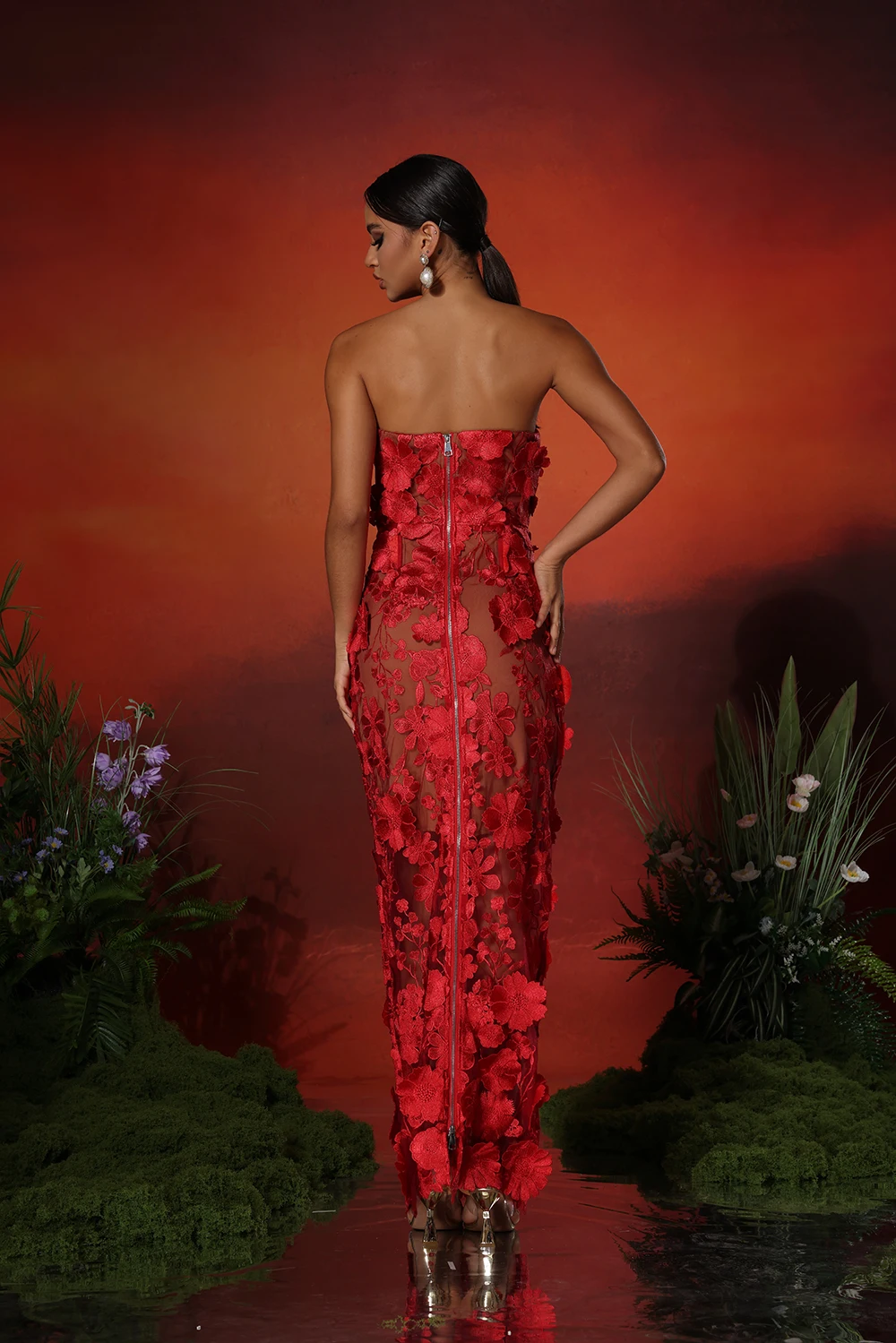 New Red Embroidered Flower Strapless Dress, Women's Slim and Sexy Party Dress, Long Skirt