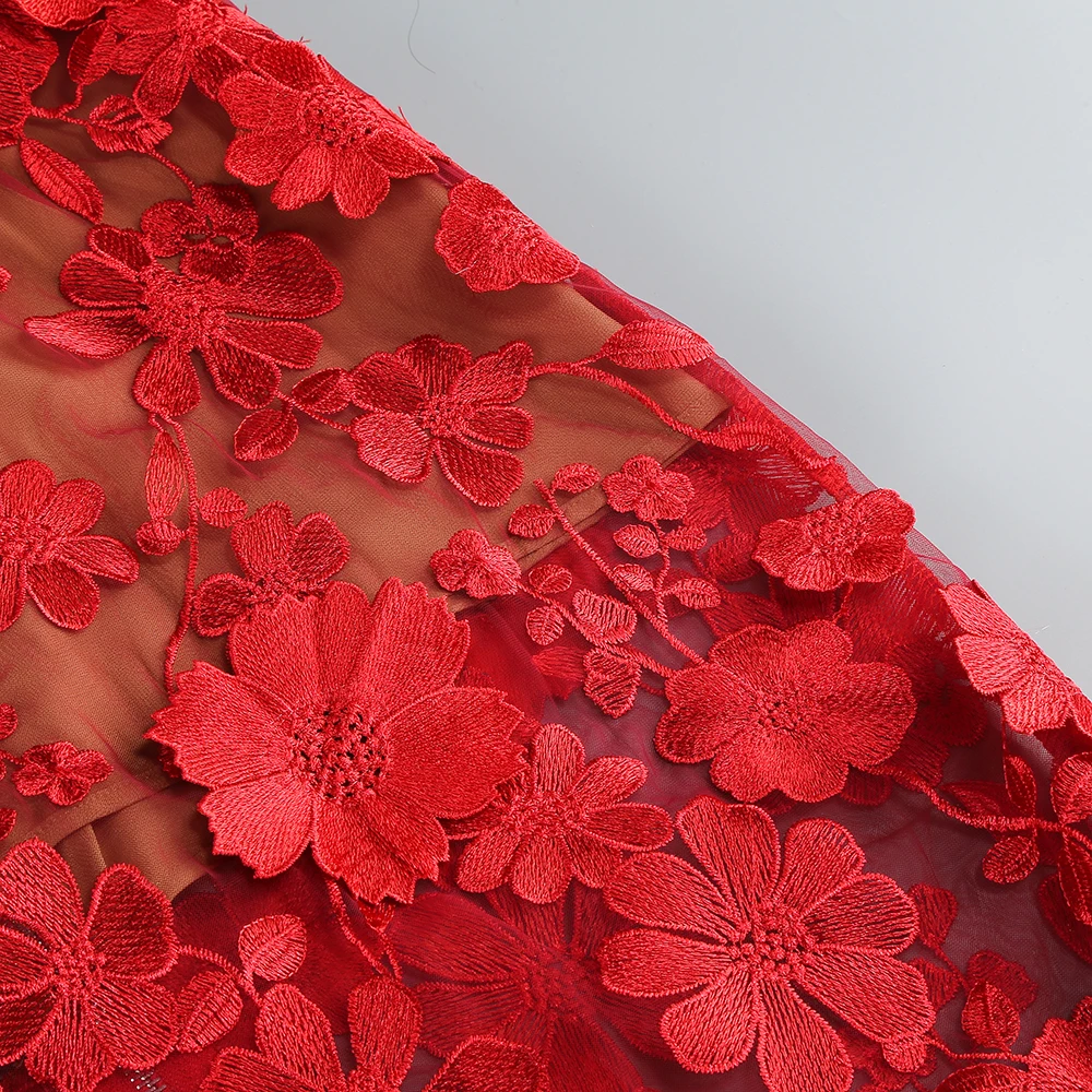 New Red Embroidered Flower Strapless Dress, Women's Slim and Sexy Party Dress, Long Skirt