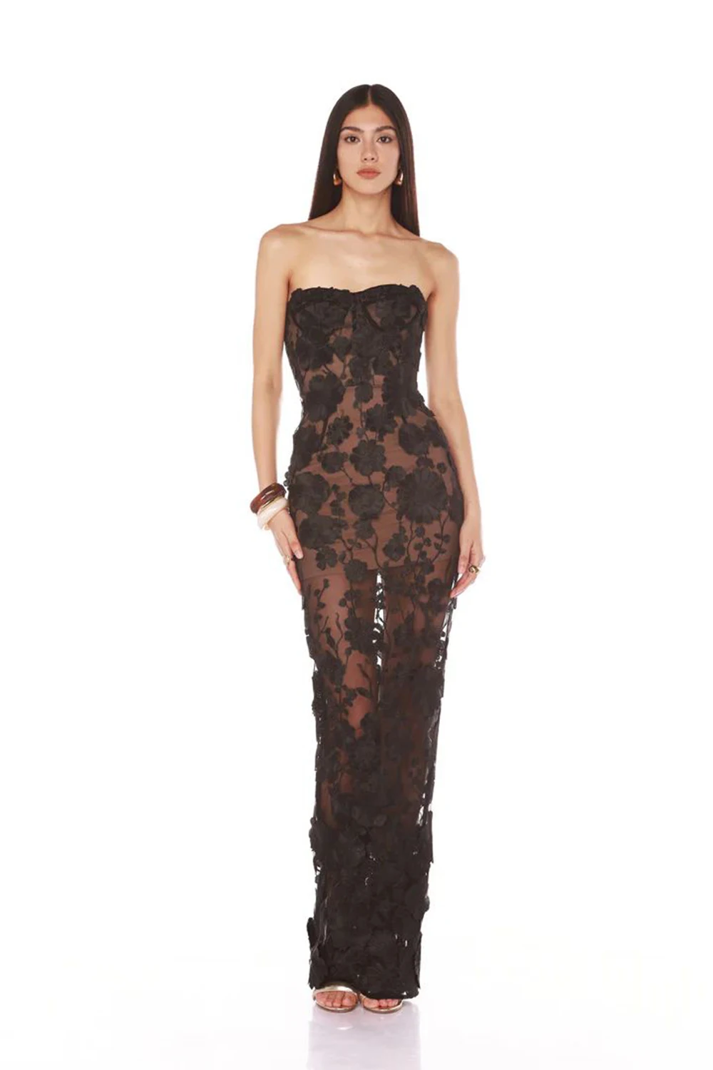 New Red Embroidered Flower Strapless Dress, Women's Slim and Sexy Party Dress, Long Skirt