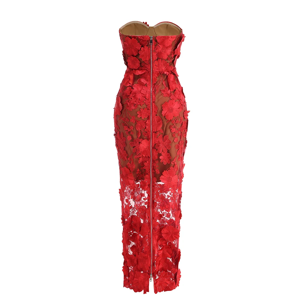 New Red Embroidered Flower Strapless Dress, Women's Slim and Sexy Party Dress, Long Skirt