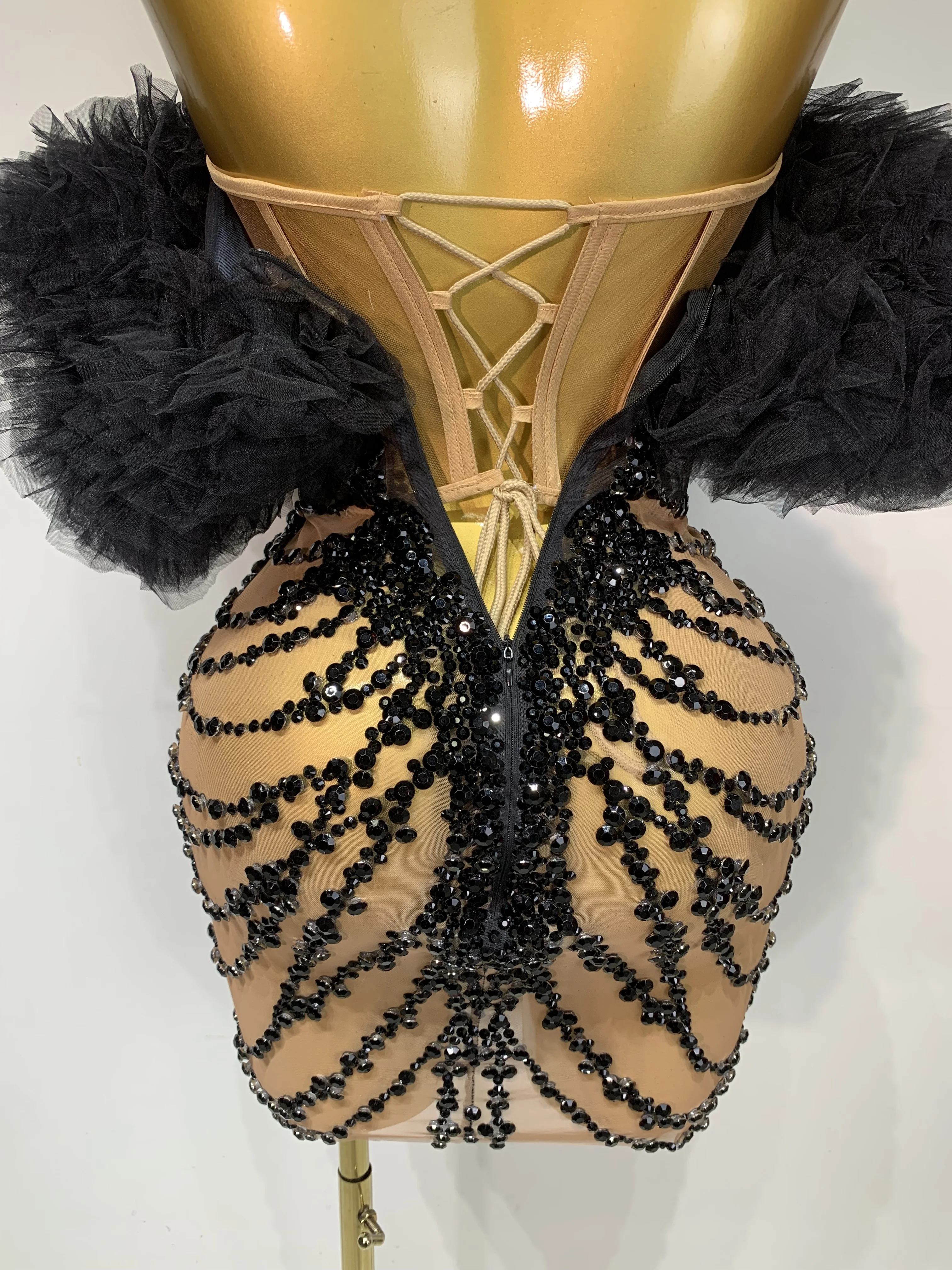 Women Sexy Strapless Backless Black Diamond Mini Dress Evening Party Birthday Costume Nightclub Singer Stage Performance Costume