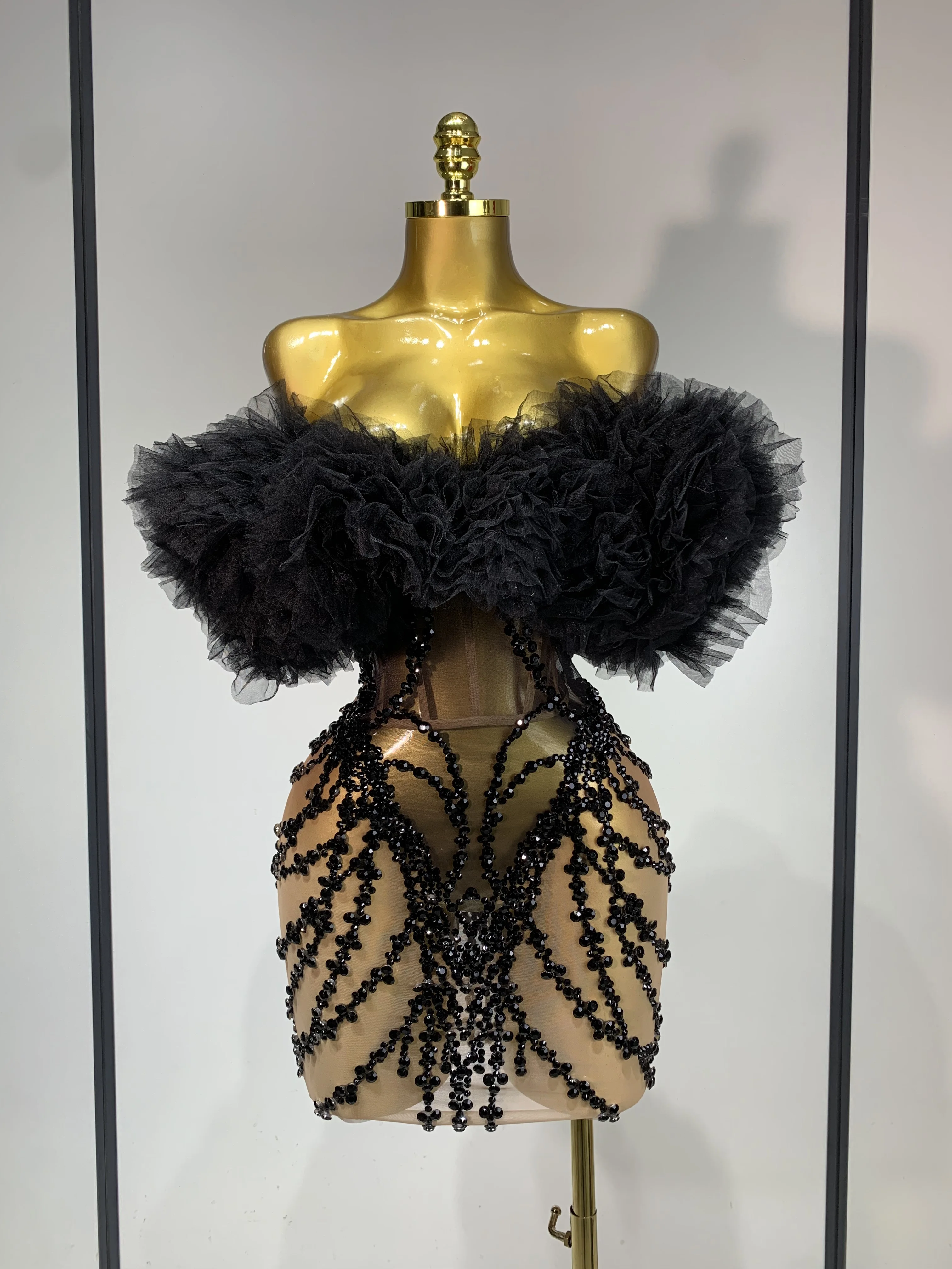 Women Sexy Strapless Backless Black Diamond Mini Dress Evening Party Birthday Costume Nightclub Singer Stage Performance Costume