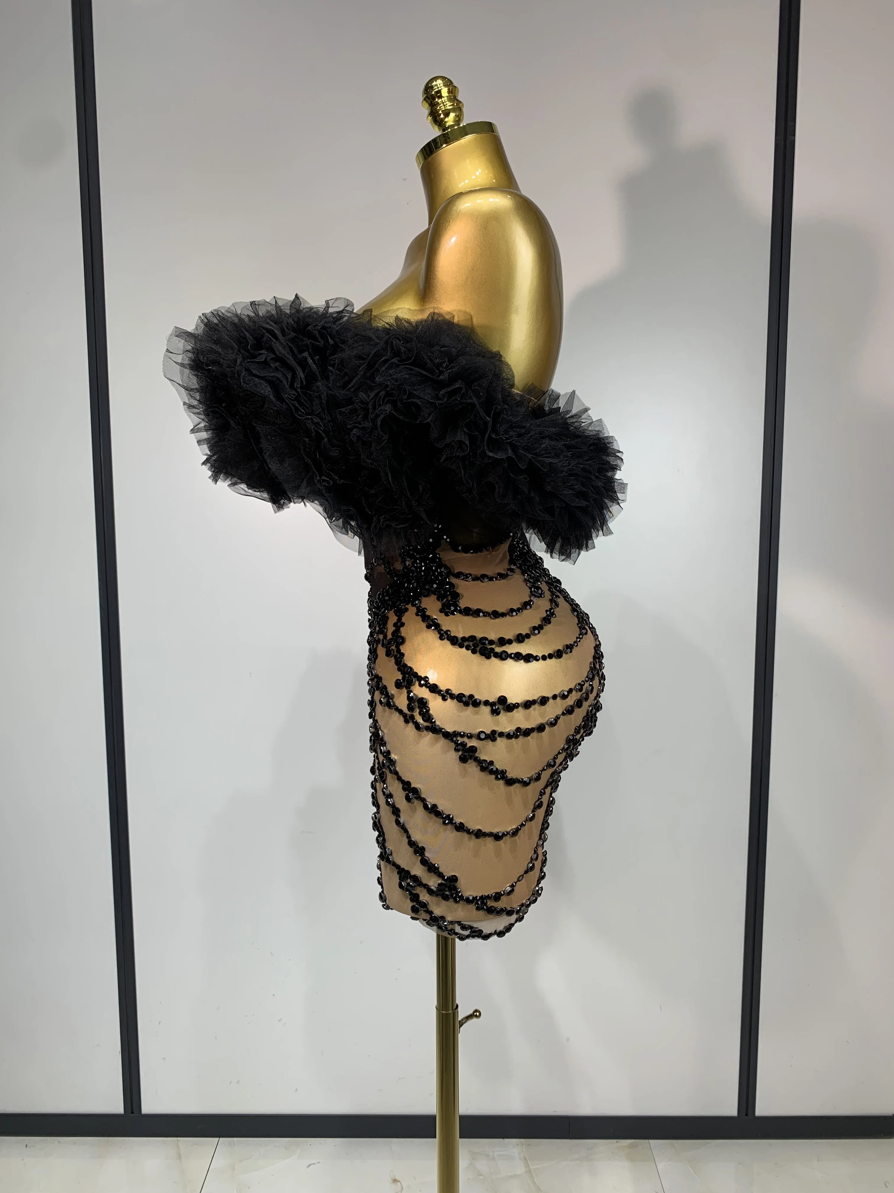 Women Sexy Strapless Backless Black Diamond Mini Dress Evening Party Birthday Costume Nightclub Singer Stage Performance Costume