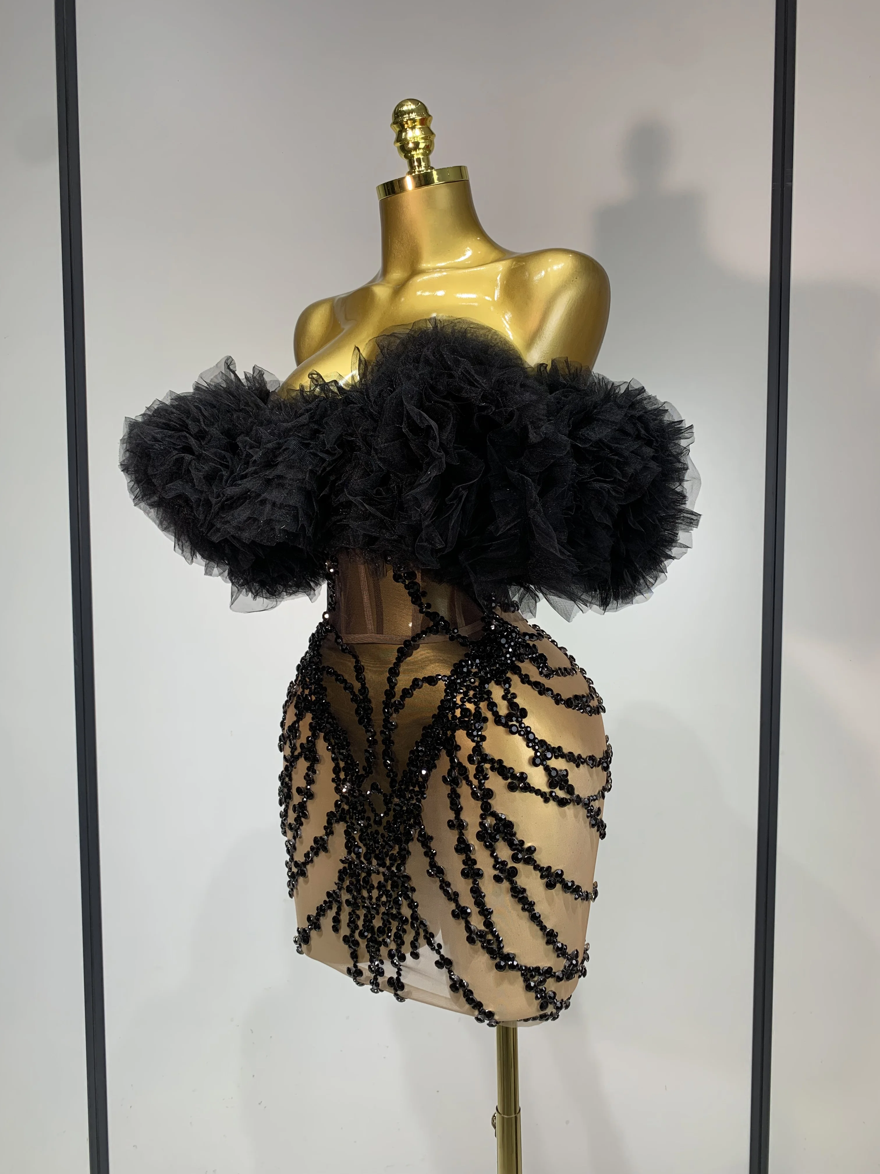 Women Sexy Strapless Backless Black Diamond Mini Dress Evening Party Birthday Costume Nightclub Singer Stage Performance Costume