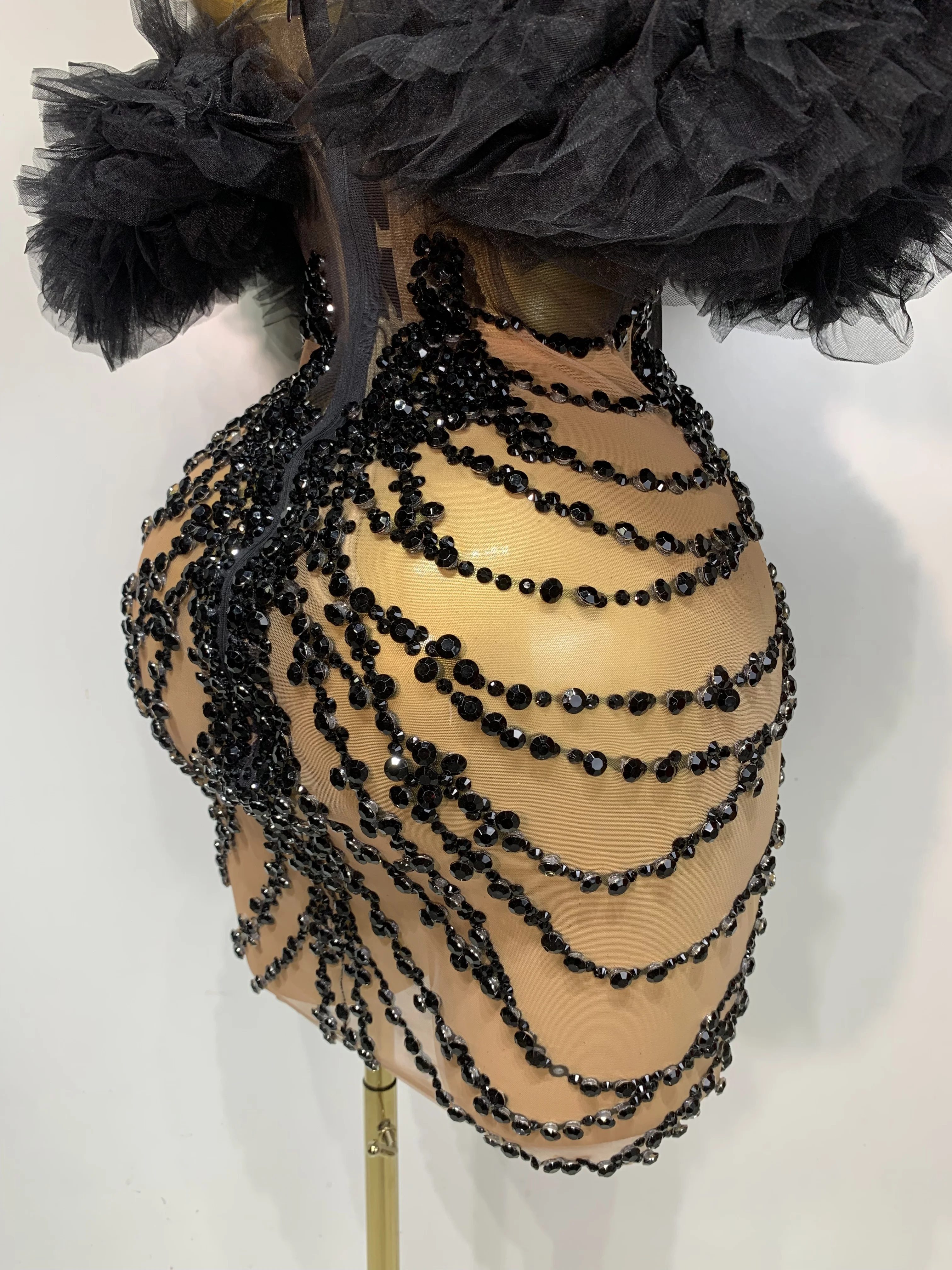 Women Sexy Strapless Backless Black Diamond Mini Dress Evening Party Birthday Costume Nightclub Singer Stage Performance Costume